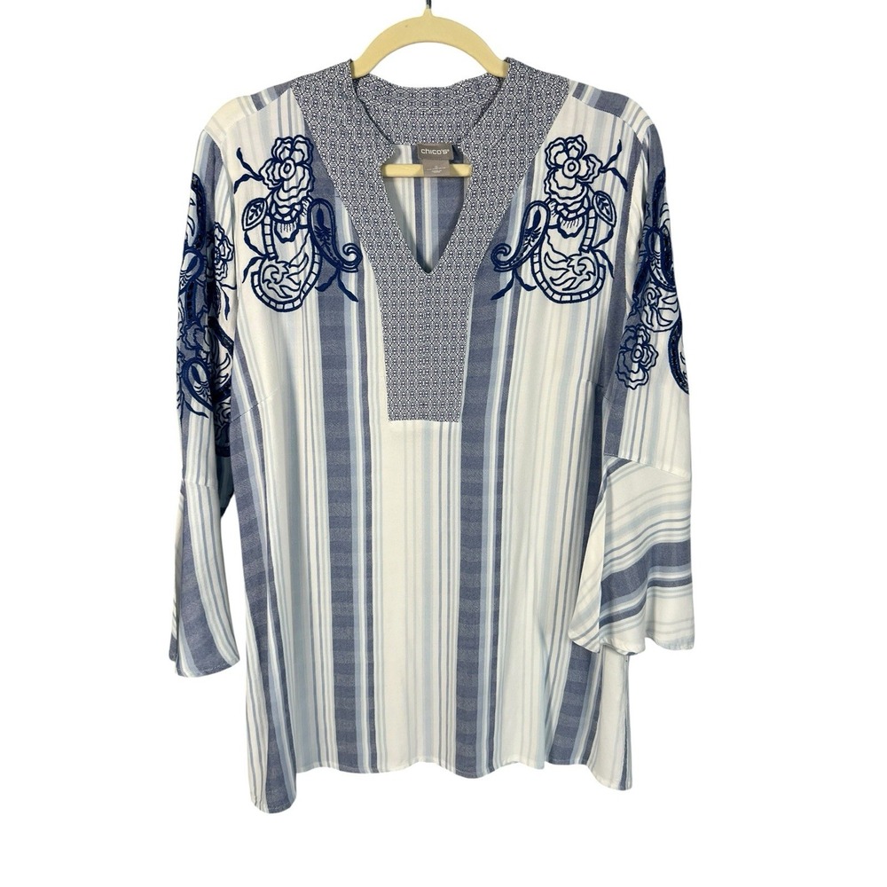 Chico's Size 2 Large Striped Paisley Embroidered Top Tunic Bell Sleeves